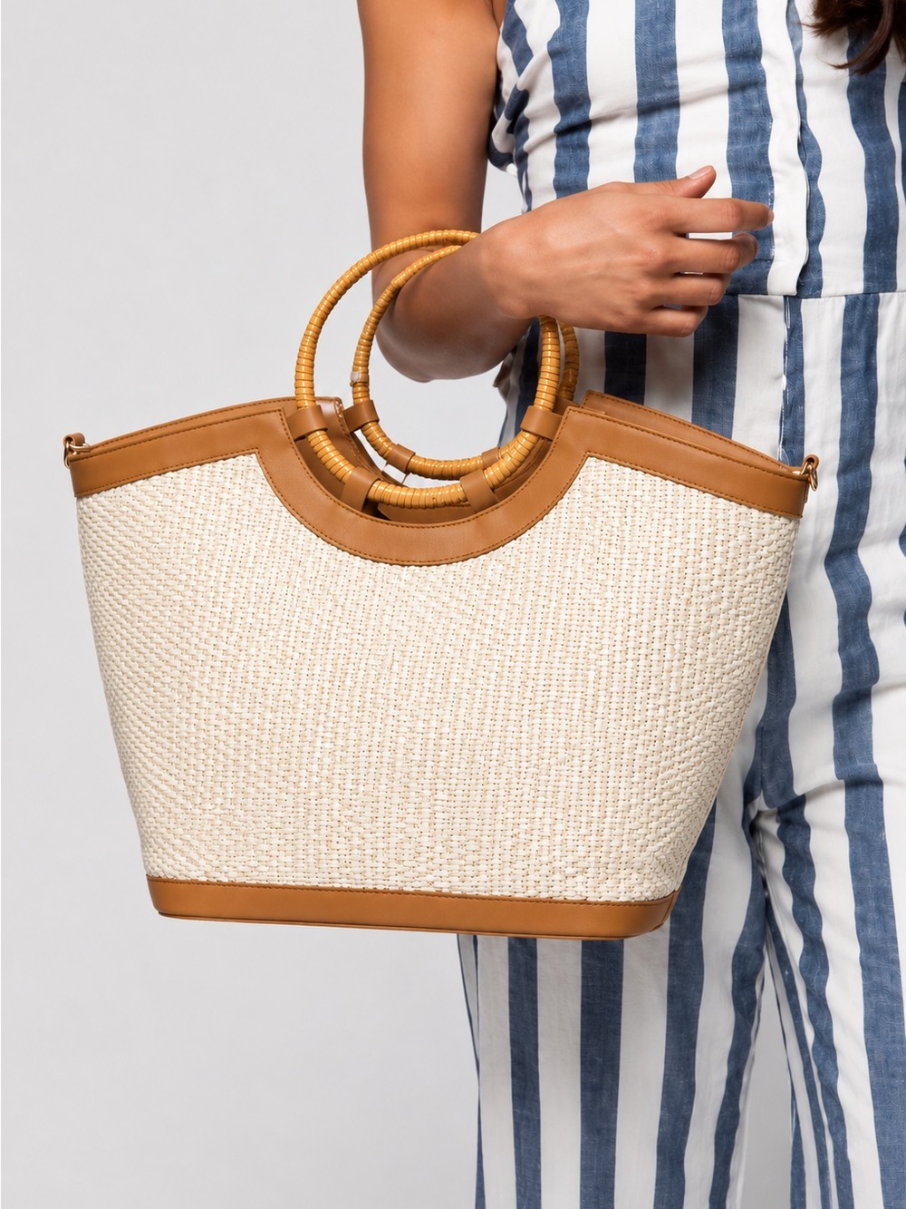Vintage Fossil Woven Straw Tote Bag Tan Leather Bamboo Handles Bag Y2K
